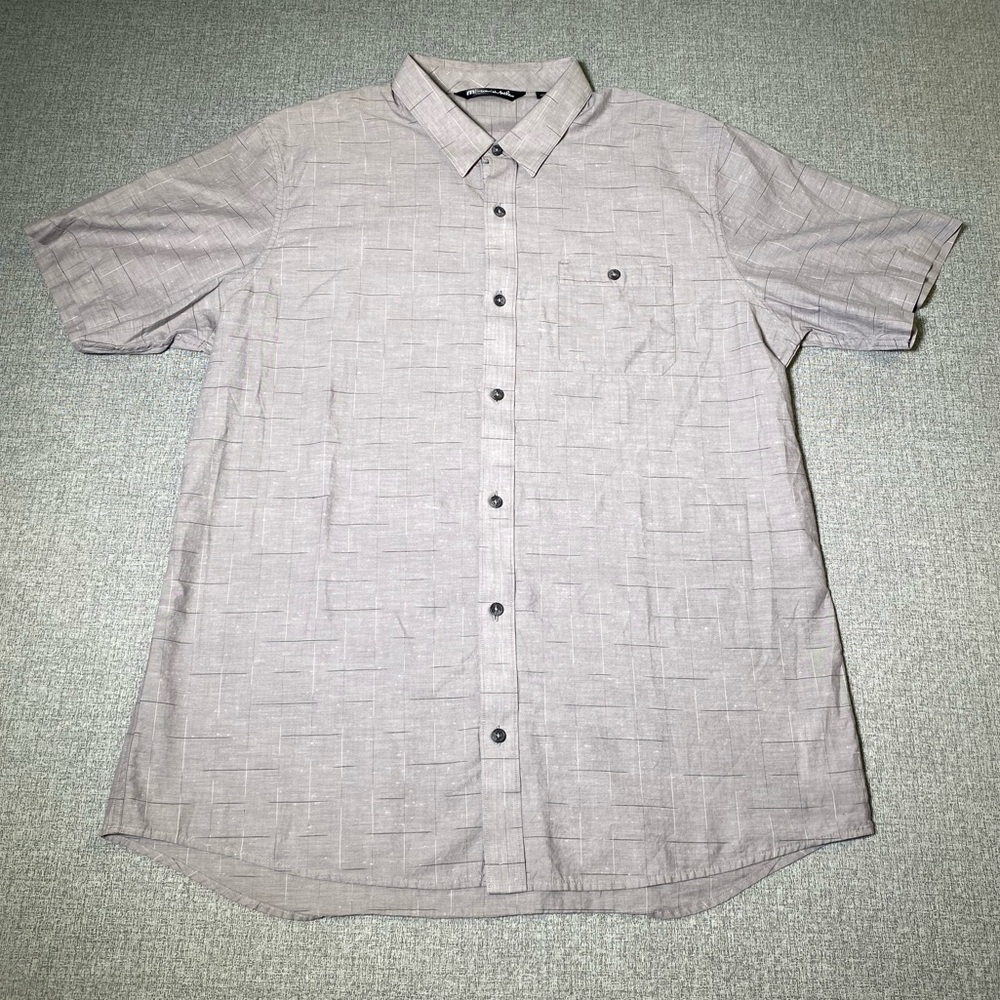 Travis Mathew Men’s XL Gray Check Button Front Short Sleeve Shirt Cotton Poly